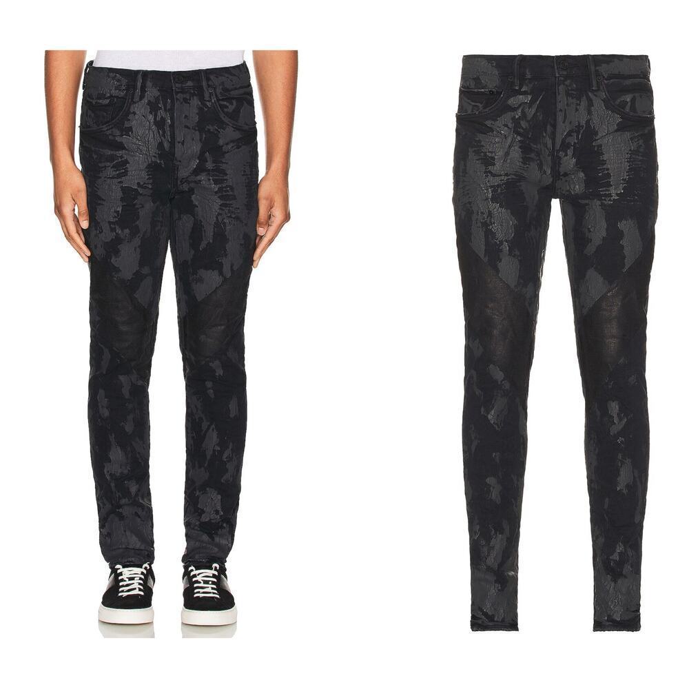 Purple Brand P001 Black Crackle Paint Foil Slim Jeans Mens Designer